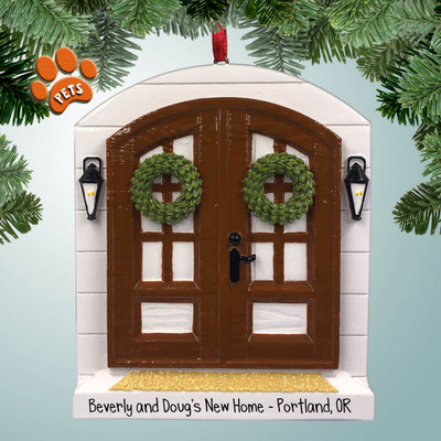 Christmas Ornament of Brown Double Doors with Wreaths Christmas Ornament of Brown Double Doors with Wreaths