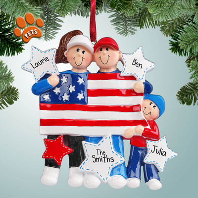 image of Family Holding American Flag - 3 Personalized Christmas Ornament image of Family Holding American Flag - 3 Personalized Christmas Ornament