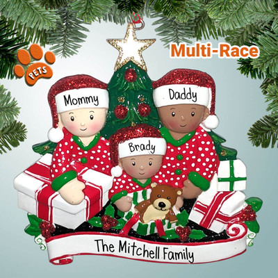 image of Mixed Race Family of Three Opening Gifts by Christmas Tree ornament image of Mixed Race Family of Three Opening Gifts by Christmas Tree ornament