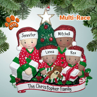 image of Mixed Race Family of Four Opening Gifts by Christmas Tree ornament image of Mixed Race Family of Four Opening Gifts by Christmas Tree ornament