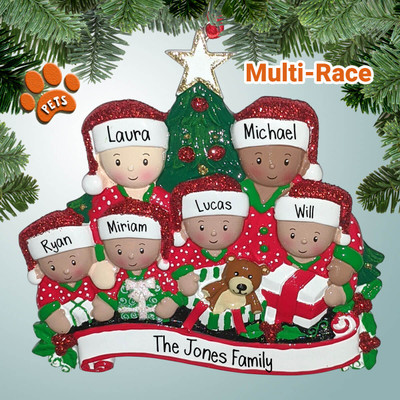 image of Mixed Race Family of Six Opening Gifts by Christmas Tree ornament image of Mixed Race Family of Six Opening Gifts by Christmas Tree ornament