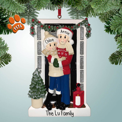 image of Couple at Front Door with Garland Personalized Christmas Ornament image of Couple at Front Door with Garland Personalized Christmas Ornament