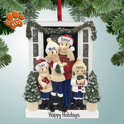 image of Family at Front Door with Garland - 4 Personalized Christmas Ornament image of Family at Front Door with Garland - 4 Personalized Christmas Ornament