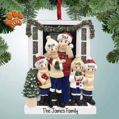 image of Family at Front Door with Garland - 5 Personalized Christmas Ornament