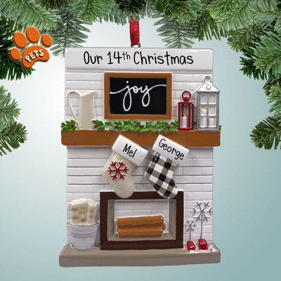 image of Joy Fireplace Couple Personalized Christmas Ornament