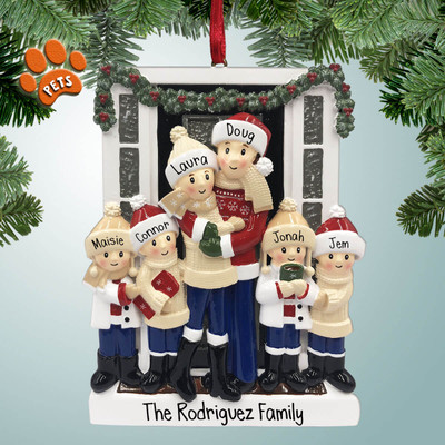 image of Family at Front Door with Garland - 6 Personalized Christmas Ornament image of Family at Front Door with Garland - 6 Personalized Christmas Ornament