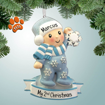Personalized Baby Boy in Pajamas Holding Snowflake Christmas Ornament Personalized Baby Boy in Pajamas Holding Snowflake Christmas Ornament