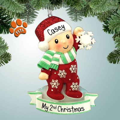 Personalized Baby in Red Pajamas Holding Snowflake Christmas Ornament Personalized Baby in Red Pajamas Holding Snowflake Christmas Ornament