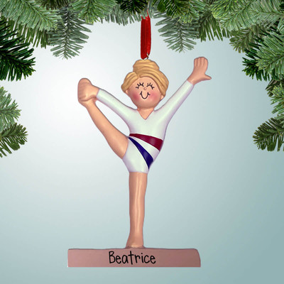 Christmas Ornament of Gymnast Leg Hold on Balance Beam - Female Blonde Christmas Ornament of Gymnast Leg Hold on Balance Beam - Female Blonde