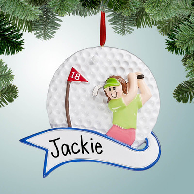 Christmas Ornament of Female Golfer with Banner Christmas Ornament of Female Golfer with Banner