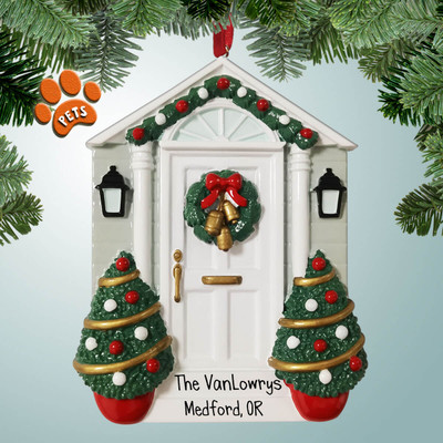 Personalized White Door with Wreath and Xmas Trees Christmas Ornament