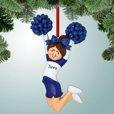 Christmas Ornament of Jumping Cheerleader Blue - Brown Hair Christmas Ornament of Jumping Cheerleader Blue - Brown Hair