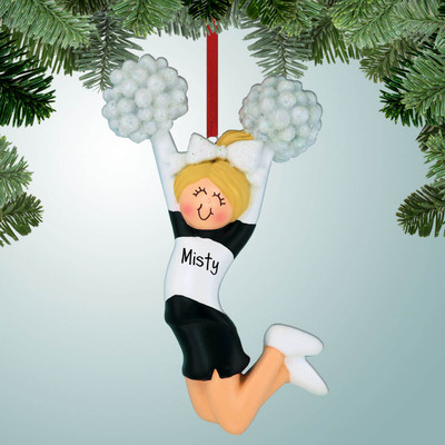 Christmas Ornament of Jumping Cheerleader Black - Blonde Hair