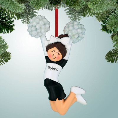 Christmas Ornament of Jumping Cheerleader Black - Brown Hair Christmas Ornament of Jumping Cheerleader Black - Brown Hair
