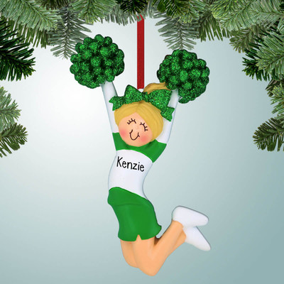 Christmas Ornament of Jumping Cheerleader Green - Blonde Hair Christmas Ornament of Jumping Cheerleader Green - Blonde Hair