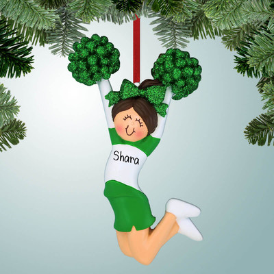 Christmas Ornament of Jumping Cheerleader Green - Brown Hair Christmas Ornament of Jumping Cheerleader Green - Brown Hair