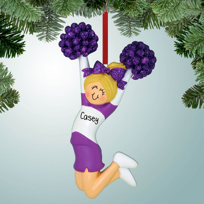 Christmas Ornament of Jumping Cheerleader Purple - Blonde Hair Christmas Ornament of Jumping Cheerleader Purple - Blonde Hair