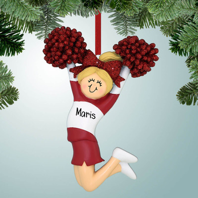 Christmas Ornament of Jumping Cheerleader Red - Blonde Hair Christmas Ornament of Jumping Cheerleader Red - Blonde Hair