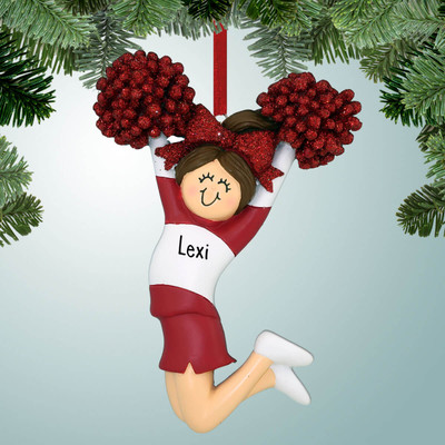 Christmas Ornament of Jumping Cheerleader Red - Brown Hair Christmas Ornament of Jumping Cheerleader Red - Brown Hair