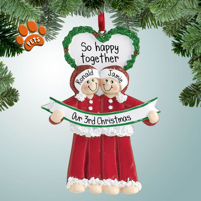Personalized PJ's Couple with Large Heart Wreath Christmas Ornament Personalized PJ's Couple with Large Heart Wreath Christmas Ornament