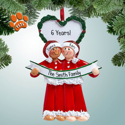 Personalized PJ's Mixed Race Couple with Heart Wreath Christmas Ornament Personalized PJ's Mixed Race Couple with Heart Wreath Christmas Ornament