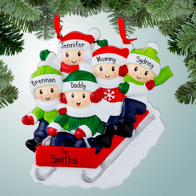 Personalized Family Riding Red Sled - 5 Christmas Ornament Personalized Family Riding Red Sled - 5 Christmas Ornament