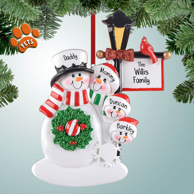 Personalized Snowman Family with Lamp Post Sign - 4 Christmas Ornament Personalized Snowman Family with Lamp Post Sign - 4 Christmas Ornament