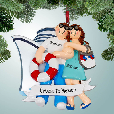 Personalized Cruise Couple with Banner Christmas Ornament Personalized Cruise Couple with Banner Christmas Ornament