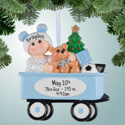 Personalized New Baby in Wagon - Boy Christmas Ornament Personalized New Baby in Wagon - Boy Christmas Ornament