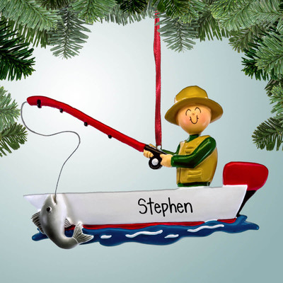 Christmas Ornament of Fishing Man in White Boat Christmas Ornament of Fishing Man in White Boat