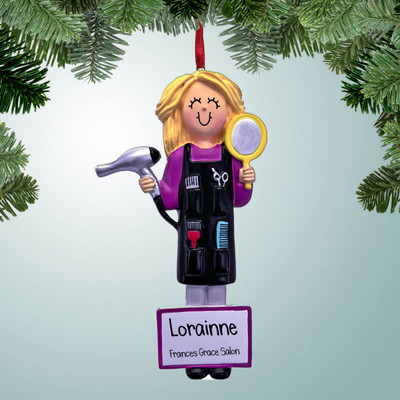 Personalized Hair Stylist with Purple Shirt - Blonde Christmas Ornament Personalized Hair Stylist with Purple Shirt - Blonde Christmas Ornament