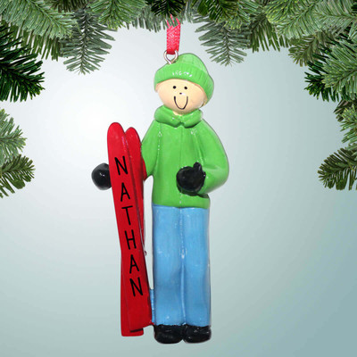 Christmas Ornament of Skiier Boy with White Heart Ornament