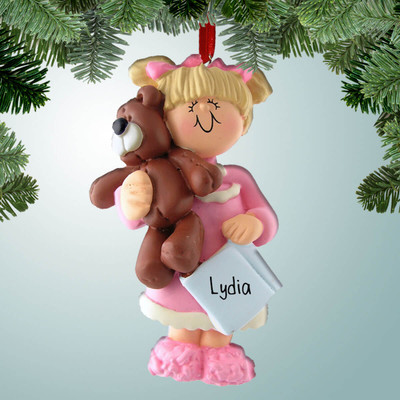 Christmas Ornament of Girl Holding Teddy Bear - Blonde Hair Christmas Ornament of Girl Holding Teddy Bear - Blonde Hair