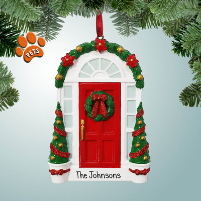 Personalized Red Door with Wreath and Decorated Trees Christmas Ornament