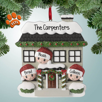 Personalized House with Large Wreath Family - 3 Christmas Ornament