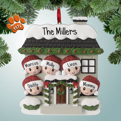 Personalized House with Large Wreath Family - 5 Christmas Ornament