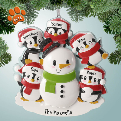 Personalized Penguin Family Building Snowman - 5 Christmas Ornament