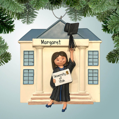 Personalized Graduate in Front of School - Female Brown Christmas Ornament
