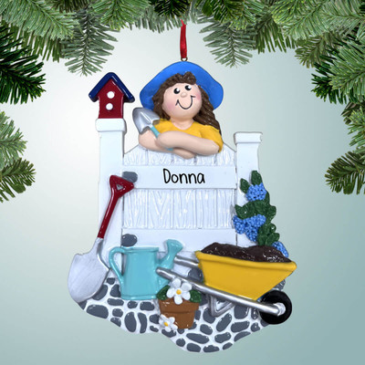 Personalized Gardening Girl Leaning on Fence Christmas Ornament
