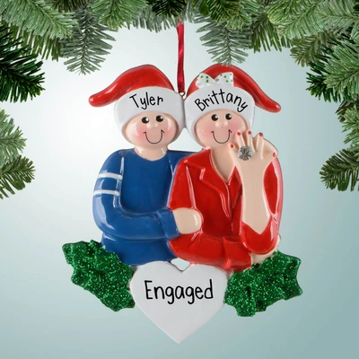 Personalized Engaged Couple with Santa Hats Christmas Ornament