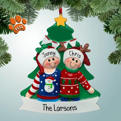 Personalized Ugly Sweater Couple by Tree - 2 Christmas Ornament