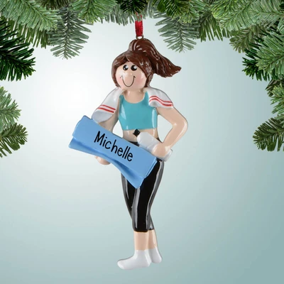 Personalized Yoga Female Carrying Blue Mat Christmas Ornament