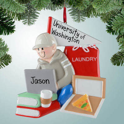 Personalized College Student with Laundry and Pizza - Male Christmas Ornament