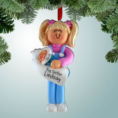 Christmas Ornament of Big Sister with Baby in Green Blanket - Blonde Christmas Ornament of Big Sister with Baby in Green Blanket - Blonde