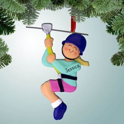 Christmas Ornament of Zipline with Yellow Rope - Female Blonde Christmas Ornament of Zipline with Yellow Rope - Female Blonde