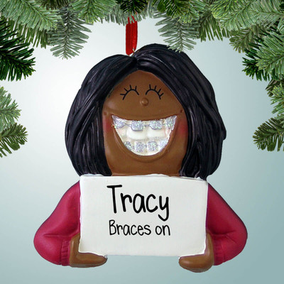 Christmas Ornament of Girl with Braces - Dark Skin Christmas Ornament of Girl with Braces - Dark Skin