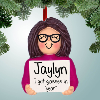 Christmas Ornament of Eyeglasses Girl with Brown Hair Christmas Ornament of Eyeglasses Girl with Brown Hair