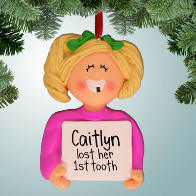 Christmas Ornament of Lost a Tooth Girl with Blonde Hair