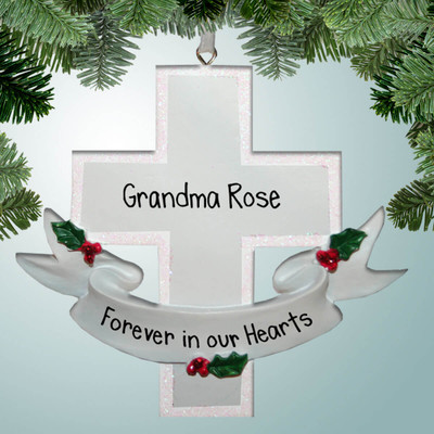 Christmas Ornament of White Cross with Banner Christmas Ornament of White Cross with Banner