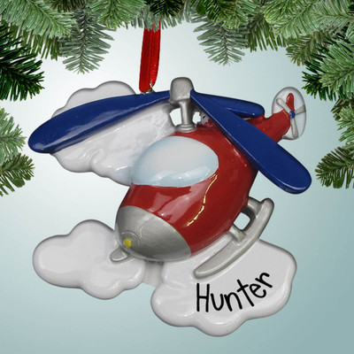 Christmas Ornament of Red Helicopter with Blue Rotors Christmas Ornament of Red Helicopter with Blue Rotors